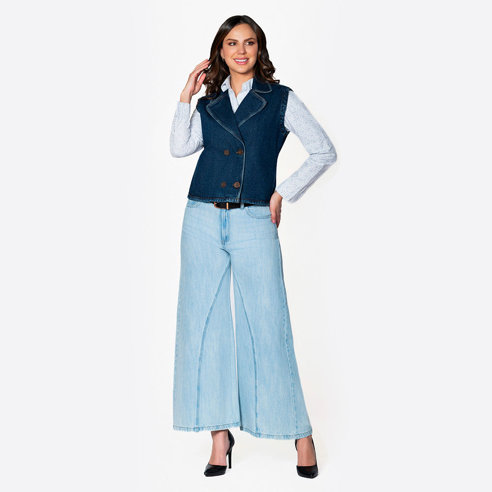Jean Palazzo Wide Leg de Tiro Alto con Costura Frontal – Índigo Claro