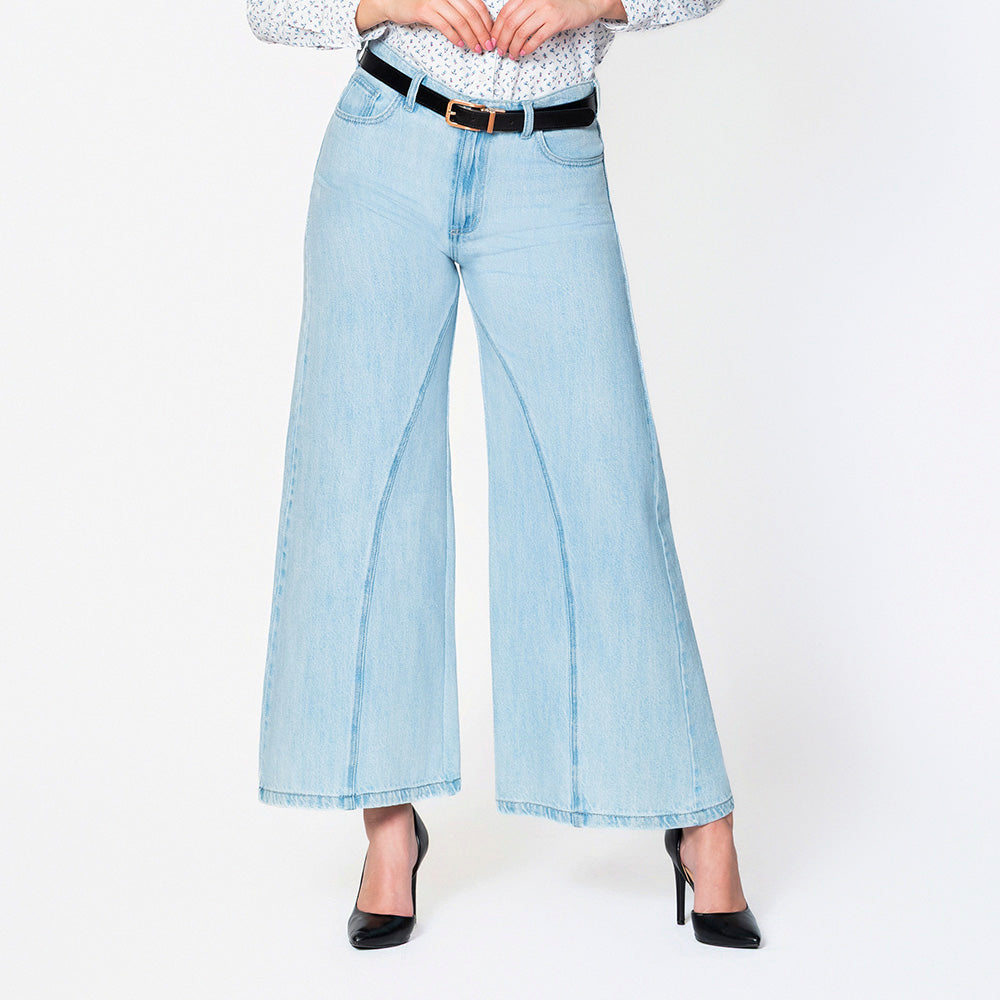 Jean Palazzo Wide Leg de Tiro Alto con Costura Frontal – Índigo Claro
