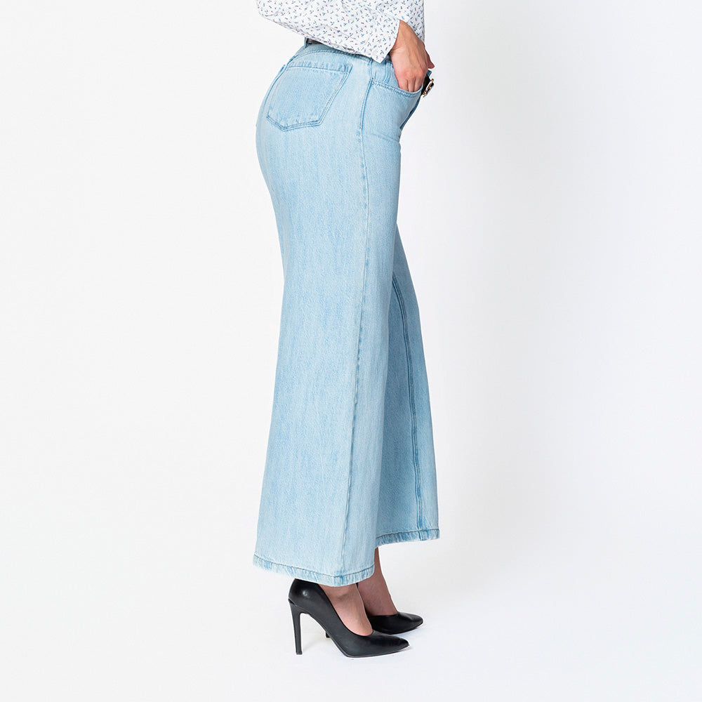 Jean Palazzo Wide Leg de Tiro Alto con Costura Frontal – Índigo Claro