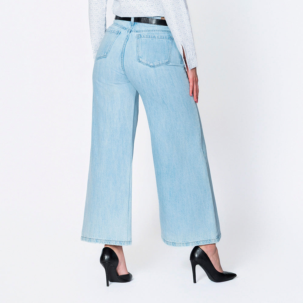 Jean Palazzo Wide Leg de Tiro Alto con Costura Frontal – Índigo Claro