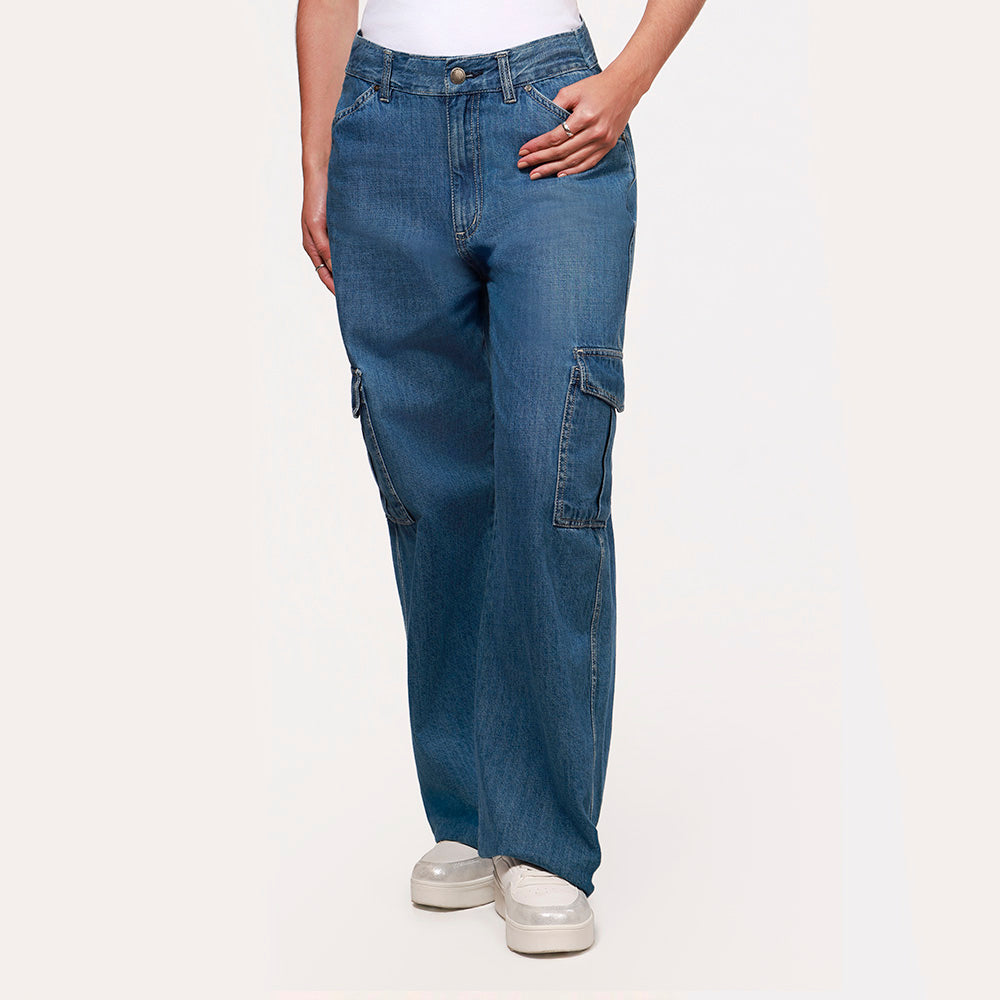 Jean Cargo Wide Leg Lec Lee índigo Medio