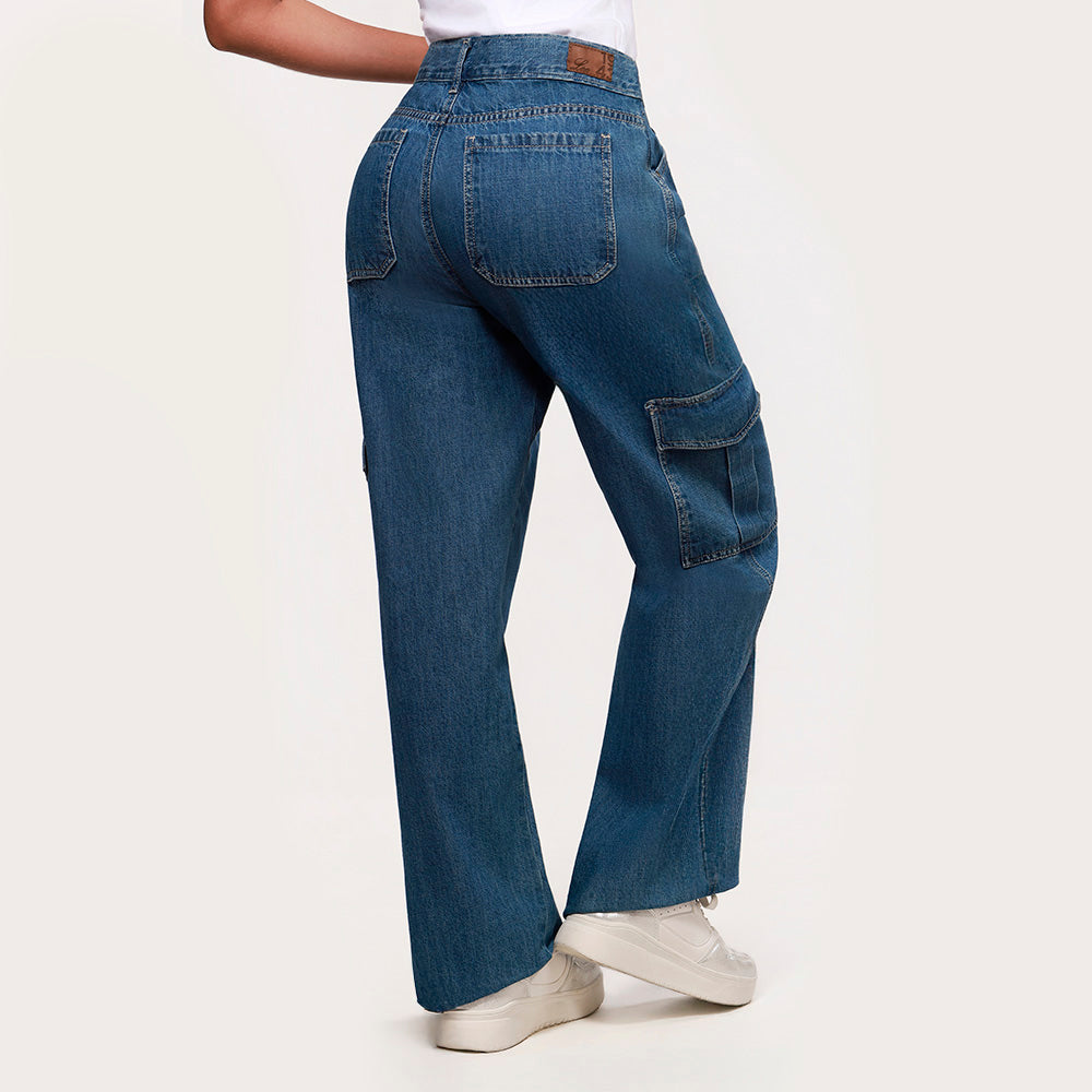 Jean Cargo Wide Leg Lec Lee índigo Medio