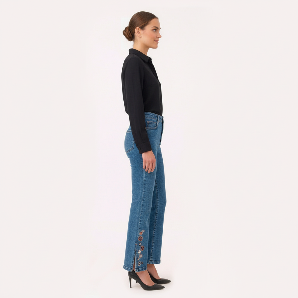 Jean Flare Lec Lee Tiro Medio con Bordado Floral y Abertura – Indigo medio
