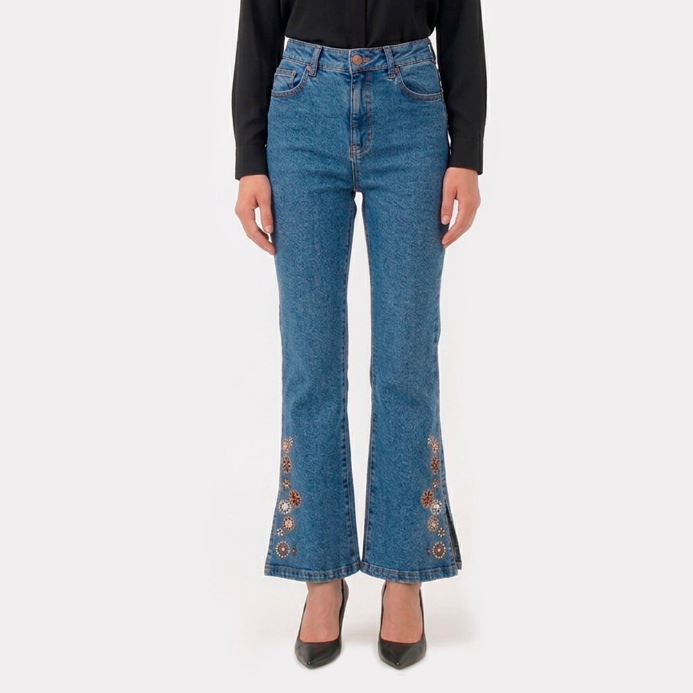 Jean Flare Lec Lee Tiro Medio con Bordado Floral y Abertura – Indigo medio