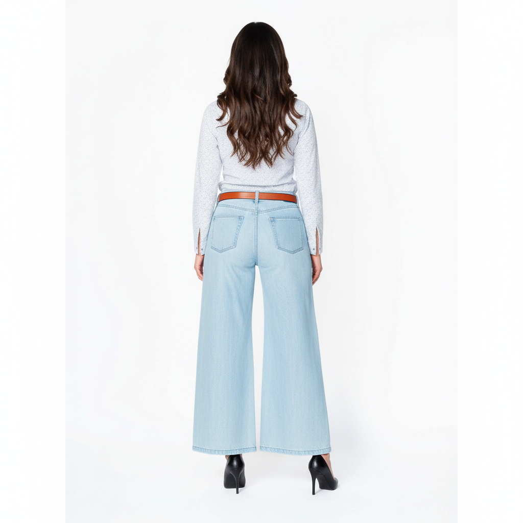 Jean Palazzo Wide Leg de Tiro Alto con Costura Frontal – Índigo Claro