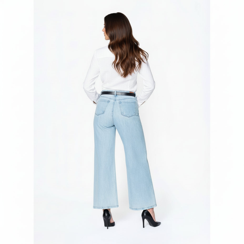 Jean Palazzo Wide Leg de Tiro Alto con Costura Frontal – Índigo Claro