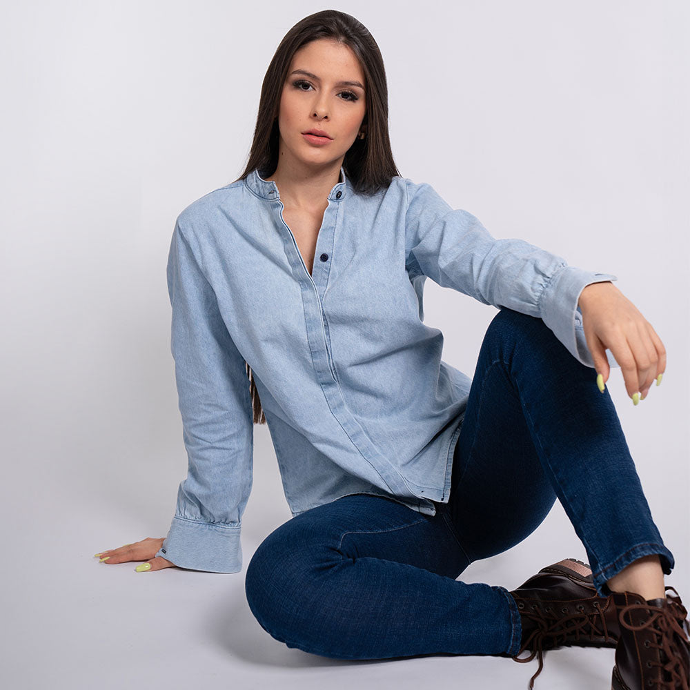 Blusa denim cuello neru para mujer Lec Lee - Índigo Claro